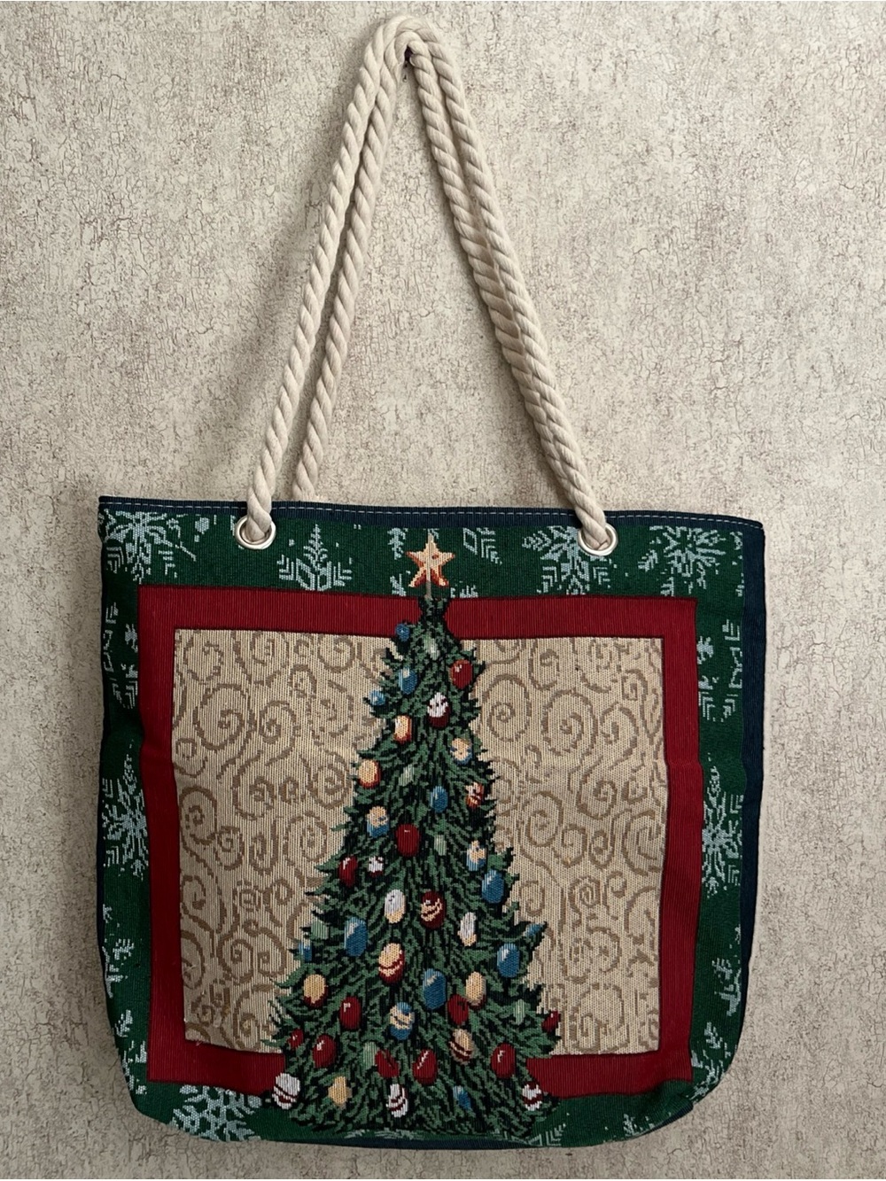 Christmas Tapestry Shopping Tote Bag Holiday Rope Handles Tree Design 16x17
